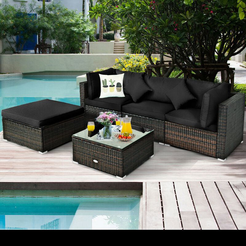 5 Pcs Outdoor Patio Rattan Furniture Set Sectional Conversation with Navy Cushions