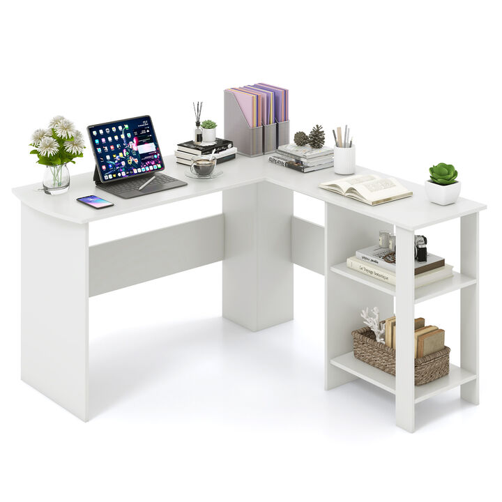 Large Modern L-shaped Computer Desk with 2 Cable Holes and 2 Storage Shelves-White