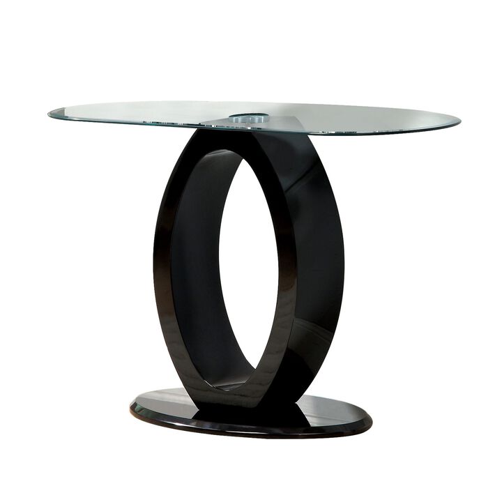 Contemporary Tempered Glass Top Sofa Table with O Shape Base, Black-Benzara