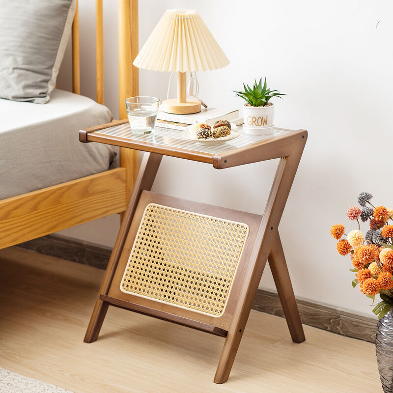 Boho End Table with Magazine Rack and Tempered Glass Top