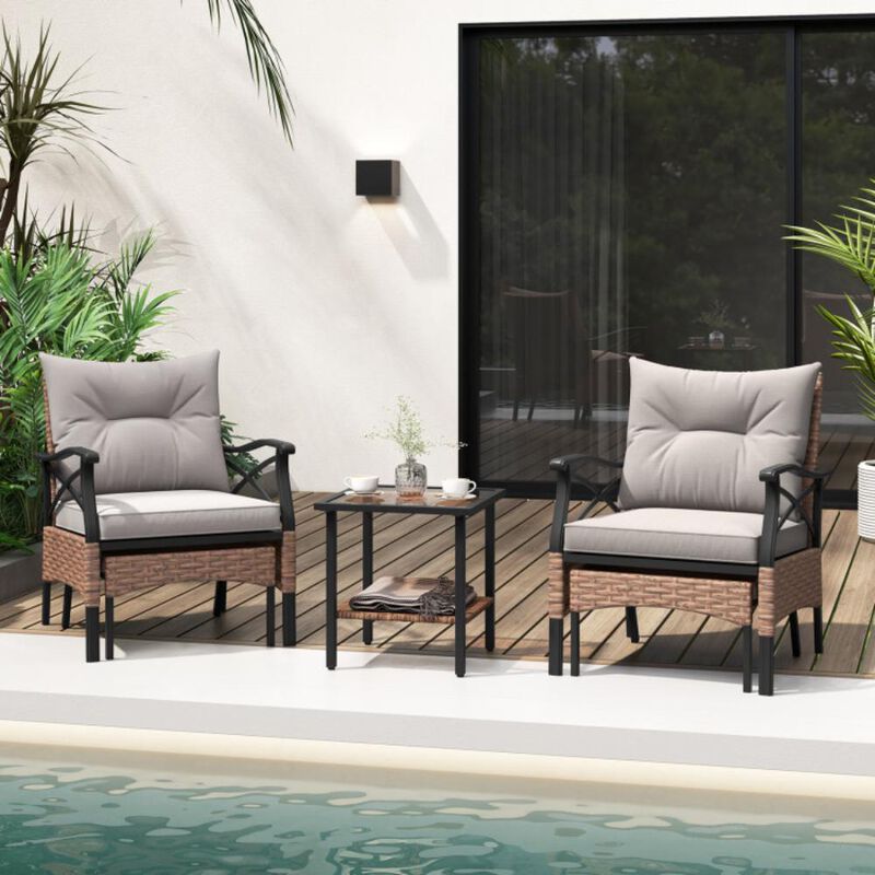 Hivvago 5 Pieces Wicker Patio Furniture Set Ottomans and Cushions and 2-Tier Tempered Glass Side Table