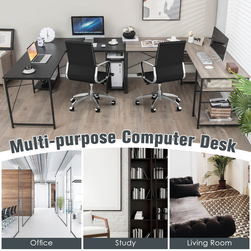 L Shaped Computer Desk with 4 Storage Shelves and Cable Holes