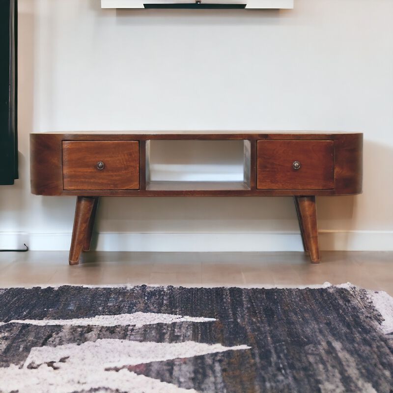 Chestnut Rounded Solid Wood 2 Drawer  Coffee Table with Open Slot