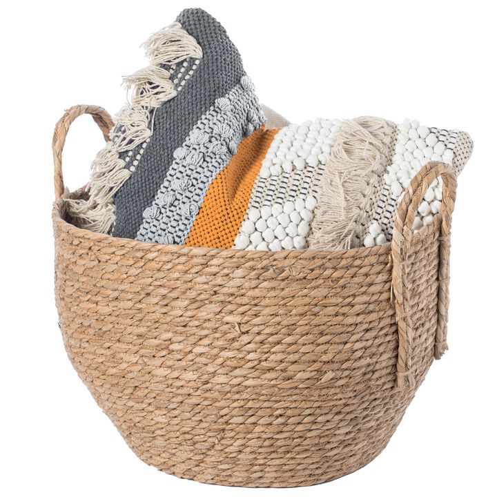 Decorative Round Wicker Woven Rope Storage Blanket Basket with Braided Handles - Large