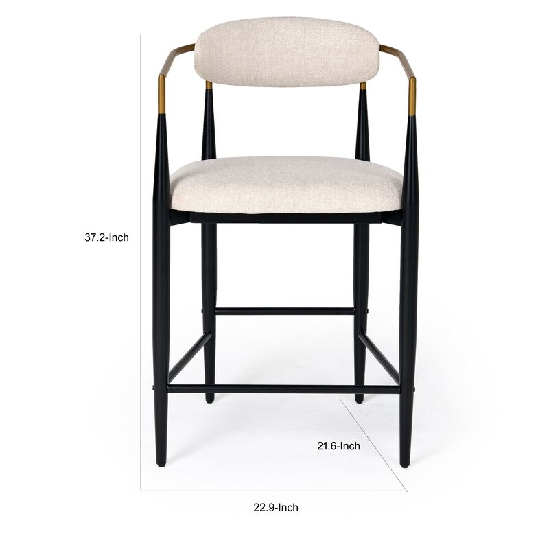 Cid Hita 25 Inch Counter Chair, Light Gray Polyester, Black Iron Legs, Gold - Benzara