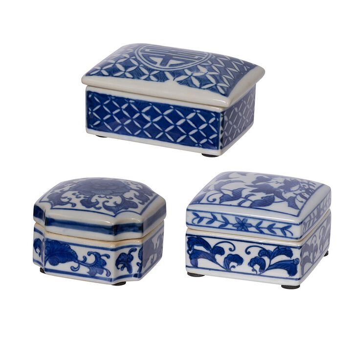 Set of 3 Decorative Boxes, White and Blue Porcelain Pottery, Floral Designs - Benzara