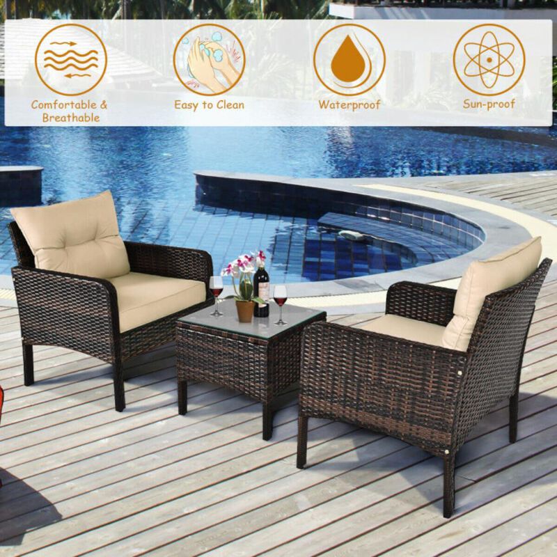 Hivvago 3 Pieces Outdoor Patio Rattan Conversation Set with Seat Cushions