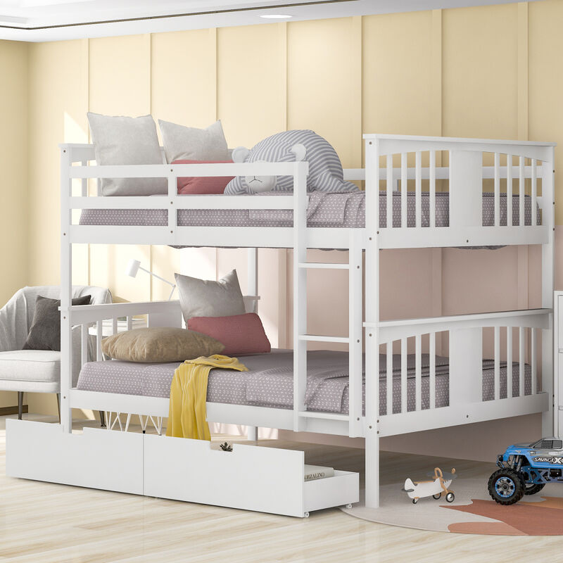 Full over Full Bunk Bed with Drawers and Ladder for Bedroom, Guest Room Furniture-White