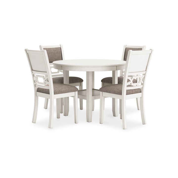 Berg 5pc Round Dining Table Set, Gray White Wood, 4 Padded Chairs - Benzara