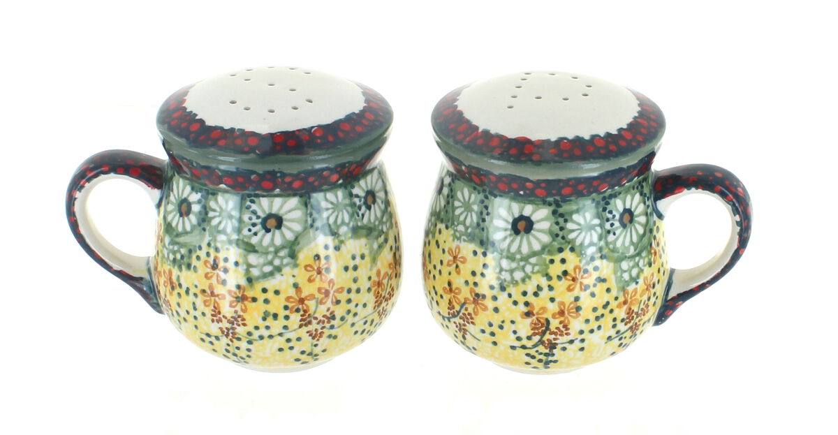 Blue Rose Polish Pottery Garden Bouquet Salt & Pepper Shakers with Handles