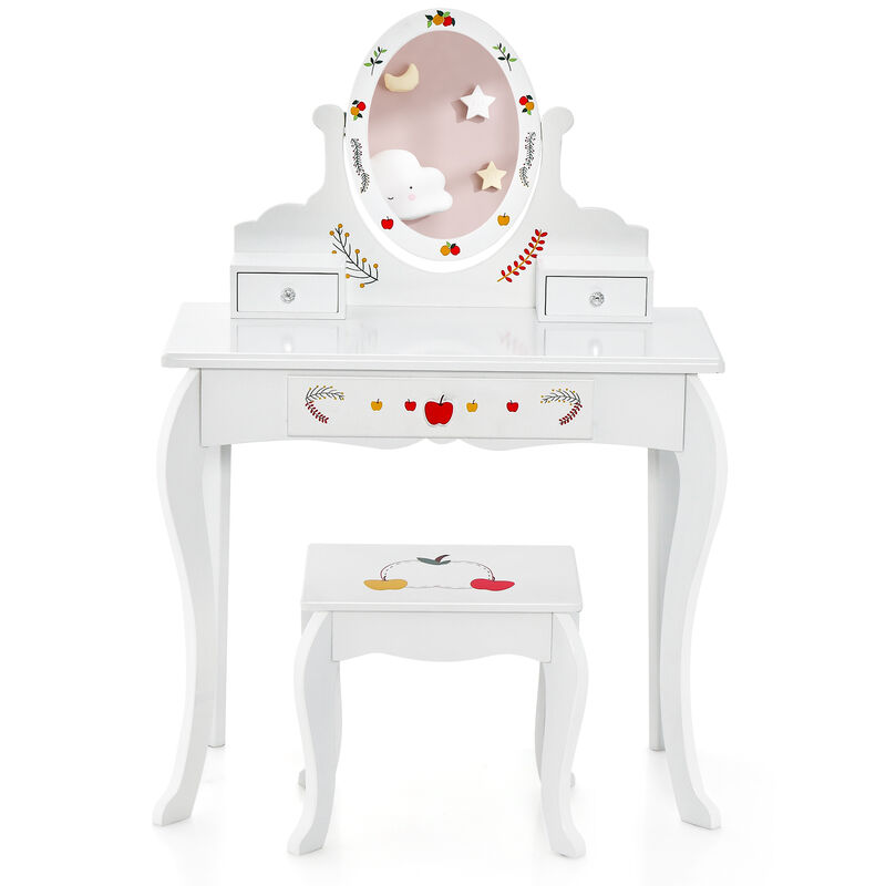 Kids Vanity and Stool Set with 360� Rotatable Mirror and Whiteboard-White