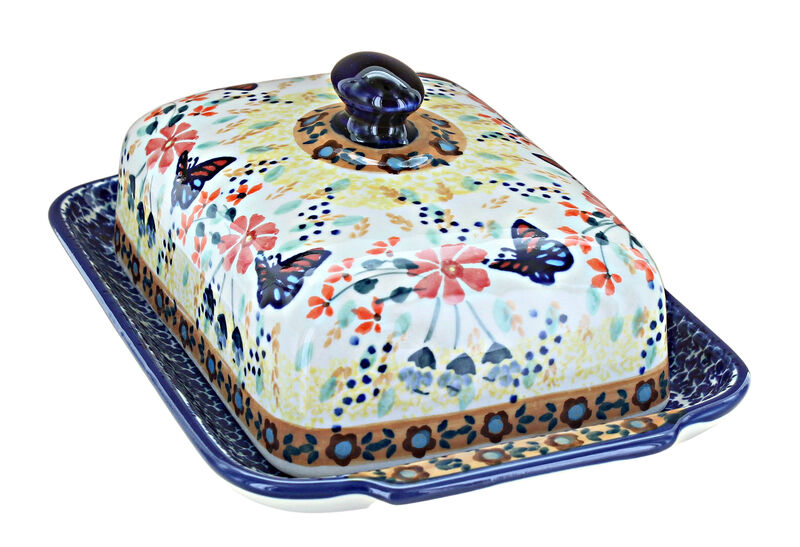 Blue Rose Polish Pottery Blue Butterfly Large Butter Dish