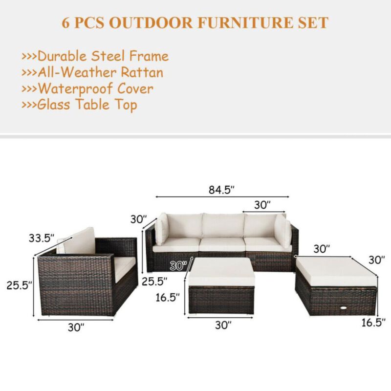 Hivvago 6 Pieces Patio Rattan Furniture Set with Sectional Cushion