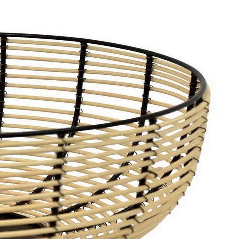 14 Inch Decorative Bowl, Accent Wired Woven Basket, Black, Natural Brown - Benzara