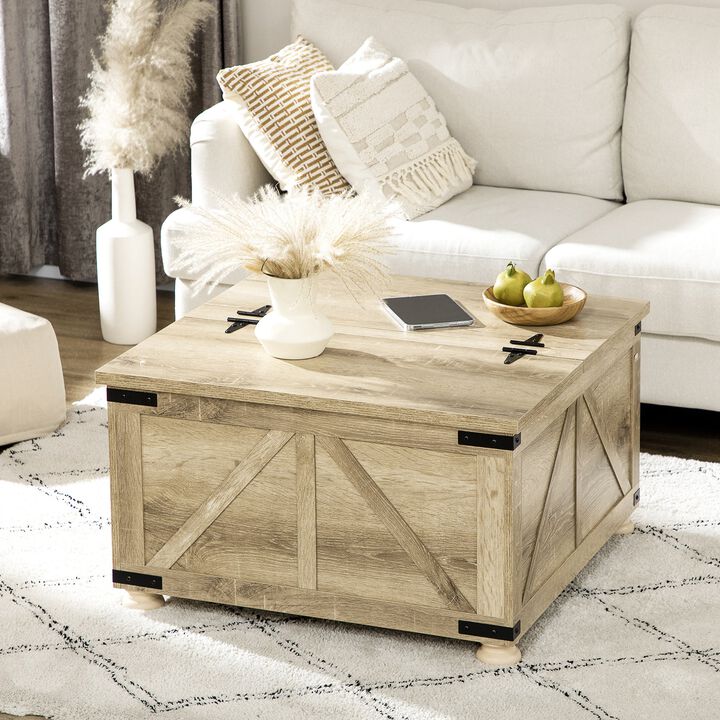 Farmhouse Coffee Table, Square Center Table with Flip-top Lids, Hidden Storage Compartment and Wooden Legs, Oak