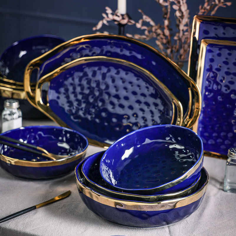 Stone Lain Florian Porcelain Serving Shallow Bowl Set 3 Piece, Blue