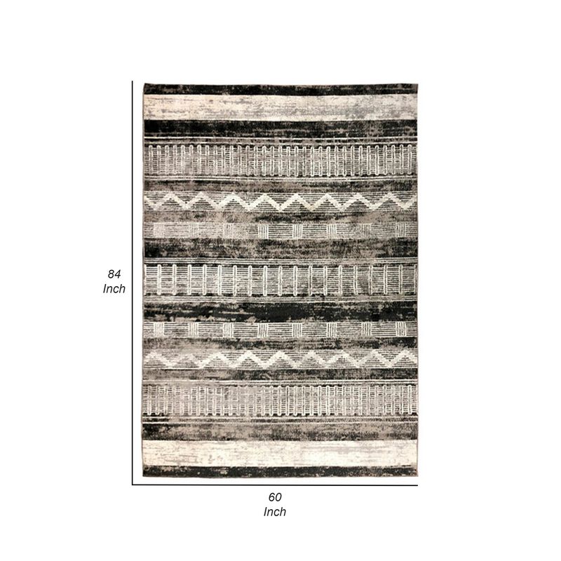 Chia 5 x 7 Area Rug, Woven Tribal Design, Cream and Black Polyester Fabric - Benzara