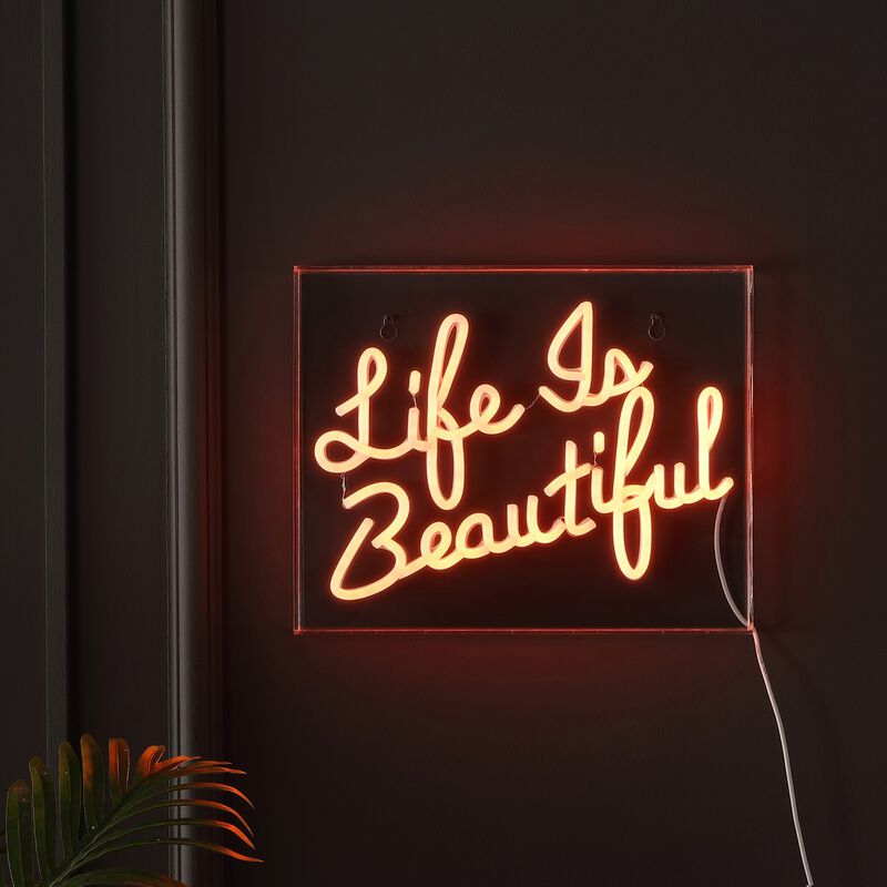 Life is Beautiful 13.7" X 10.9" Contemporary Glam Acrylic Box USB Operated LED Neon Light, Orange