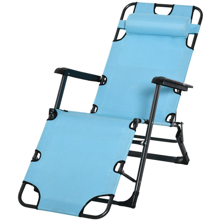 Outsunny Folding Chaise Lounge Chair for Outside, 2-in-1 Tanning Chair with Pillow & Pocket, Adjustable Pool Chair for Beach, Patio, Lawn, Deck, Blue