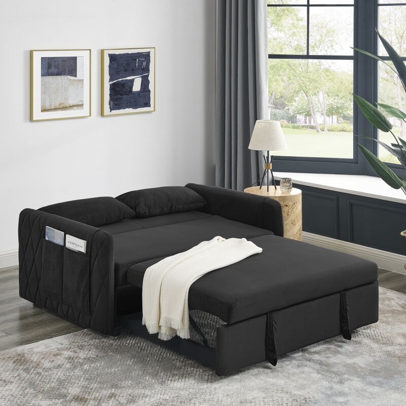 55" Modern Convertible Sofa Bed With 2 Detachable Arm Pockets, Velvet Loveseat Sofa With Pull Out