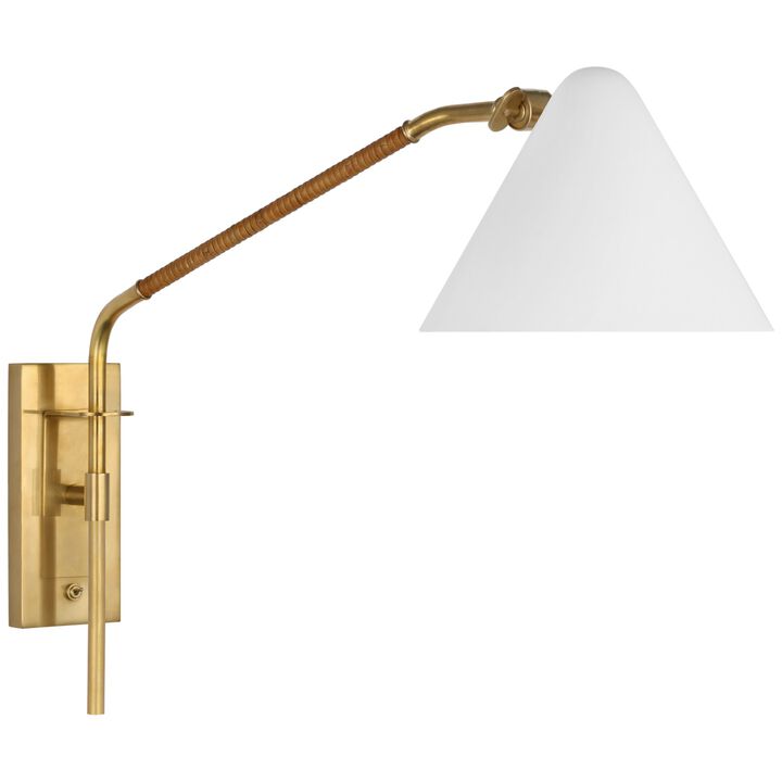 Laken Medium Articulating Wall Light in Hand-Rubbed Antique Brass and Natural Rattan with White Shade