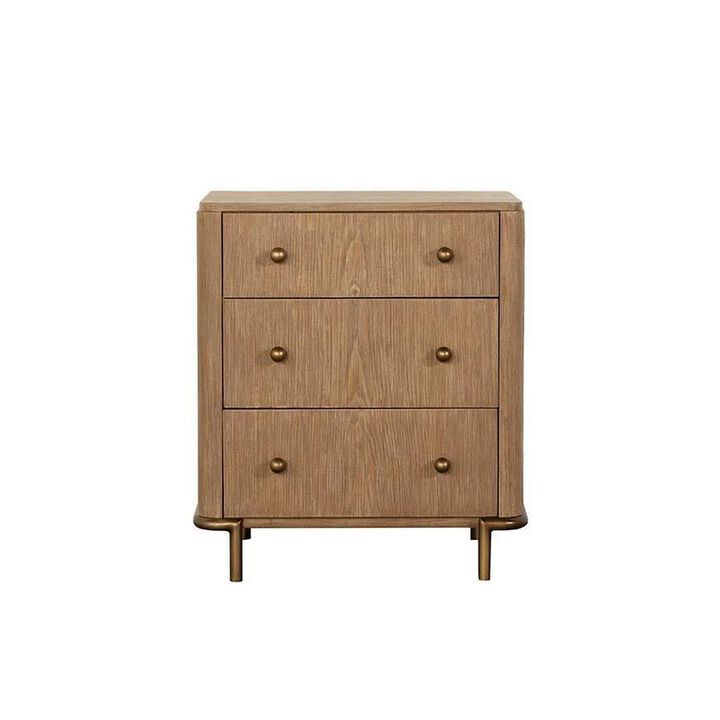 Hiz 29 Inch 3 Drawer Nightstand with Dual USB Ports, Brass Legs, Brown-Benzara