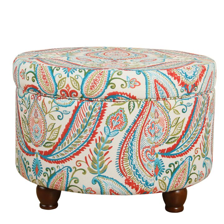 Paisley Pattern Fabric Upholstered Wooden Ottoman with Hidden Storage, Multicolor - Benzara