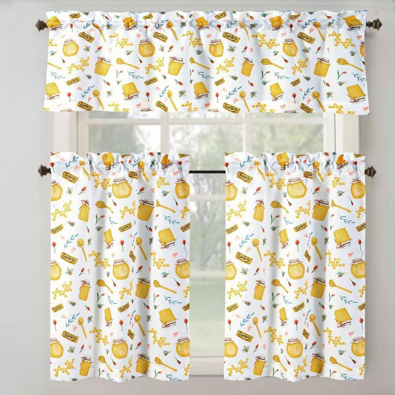 RT Designer's Collection Tribeca Honey Printed Slub 3 Pieces Kitchen Curtain Set Includes 1 Valance 52" x 18" and 2 Tiers 26" x 36" Each Multi Color