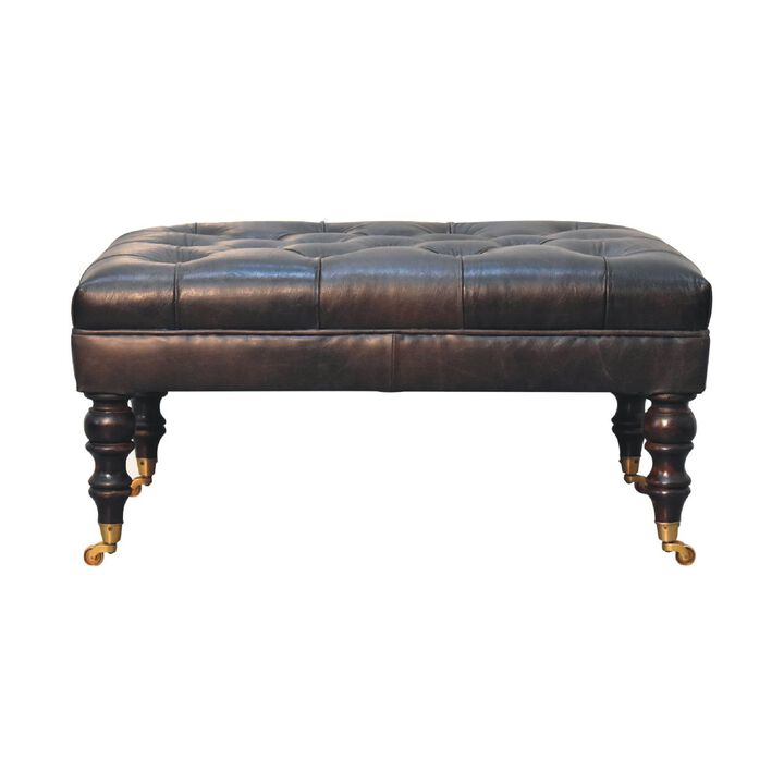 Artisan Furniture Solid Wood Buffalo Ash Black Leather Ottoman with Castor Legs