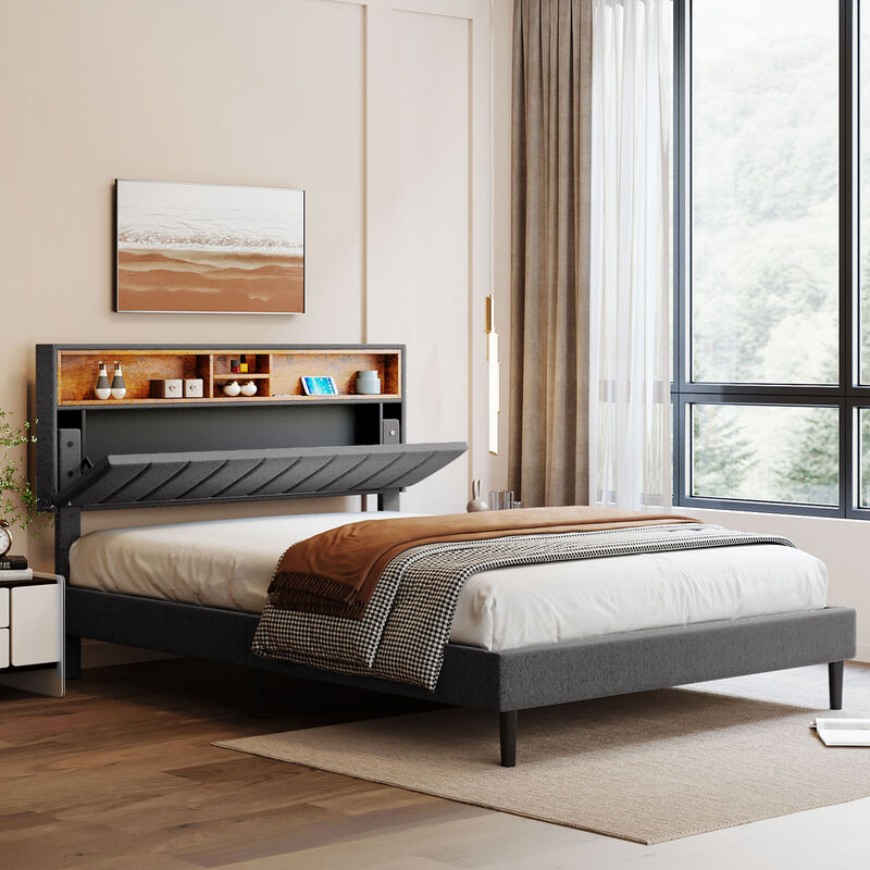 Merax Upholstered Platform Bed with Storage Headboard