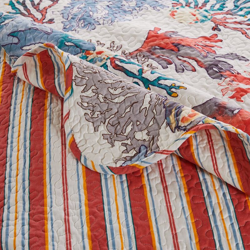 Wade 50 x 60 Quilted Throw Blanket with Fill, Corals and Seashells Design - Benzara