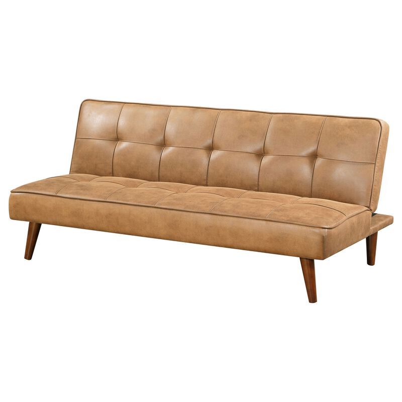 Sena Futon Convertible Sofa Bed Sleeper Couch, Light Brown Faux Leather - Benzara