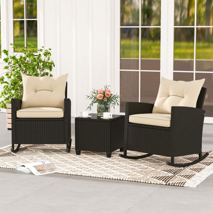 Hivvago Patio Rattan Roker Chairs with Tempered Glass Table and Soft Cushions for Backyard, Poolside Porch