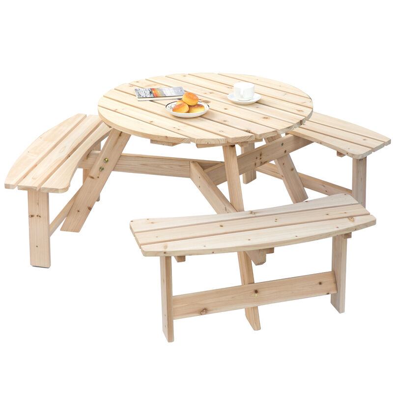 Wooden Outdoor Round Picnic Table with Bench for Patio, 6- Person with Umbrella Hole - Stained