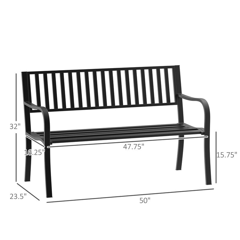 50" Garden Park Bench, Slatted Steel Outdoor Decorative Loveseat for Patio Lawn