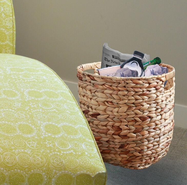 Water Hyacinth Large Round Wicker Wastebasket with Cutout Handles