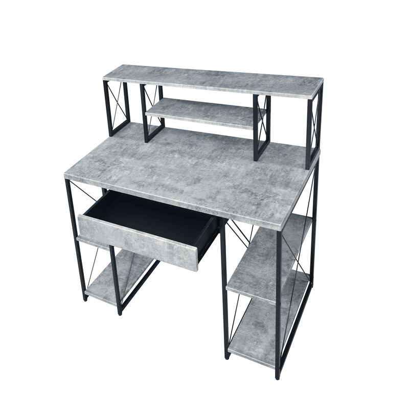 Metal Desk with 4 Open Bottom Shelves and Bookcase Hutch, Gray and Black-Benzara