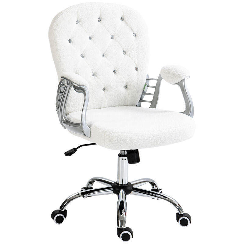 Vinsetto Teddy Fleece Home Office Chair, Button Tufted Desk Chair with Padded Armrests, Adjustable Height and Swivel Wheels, White