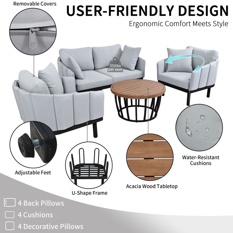 MONDAWE Luxury Modern 4 Piece Outdoor Iron Frame Conversation Set, Patio Chat Set with Acacia Wood Round Coffee Table, Loveseat+Arm Chairs