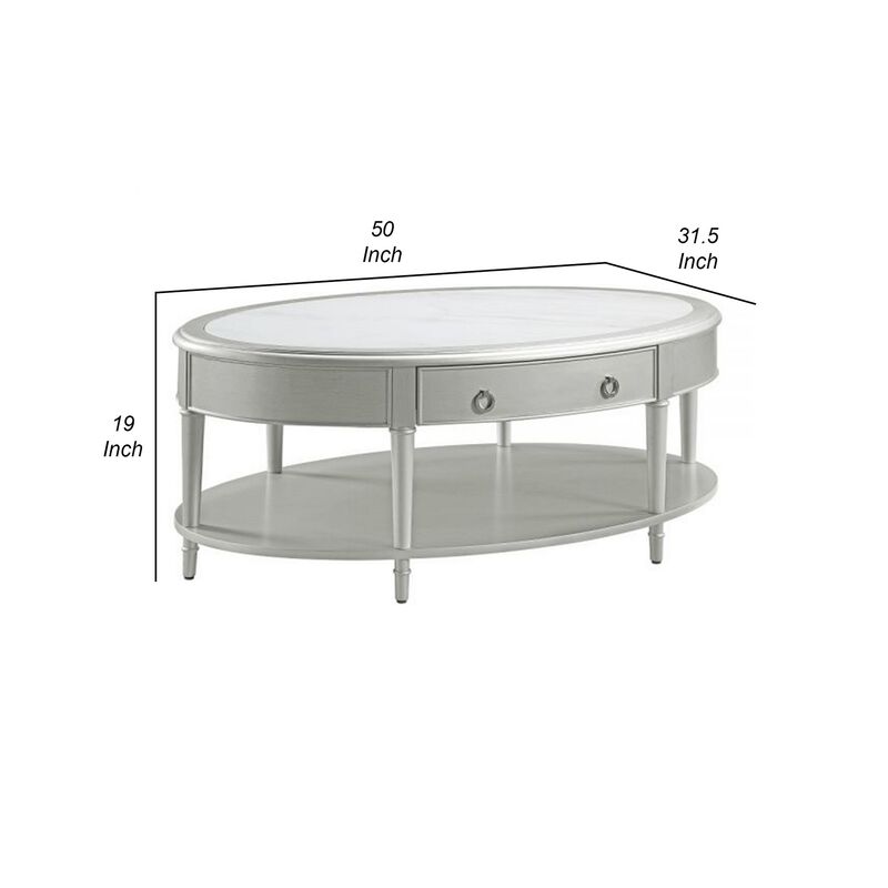 Kyna 50 Inch Coffee Table, Sintered Top, 1 Drawer, Classic Oval, Silver - Benzara