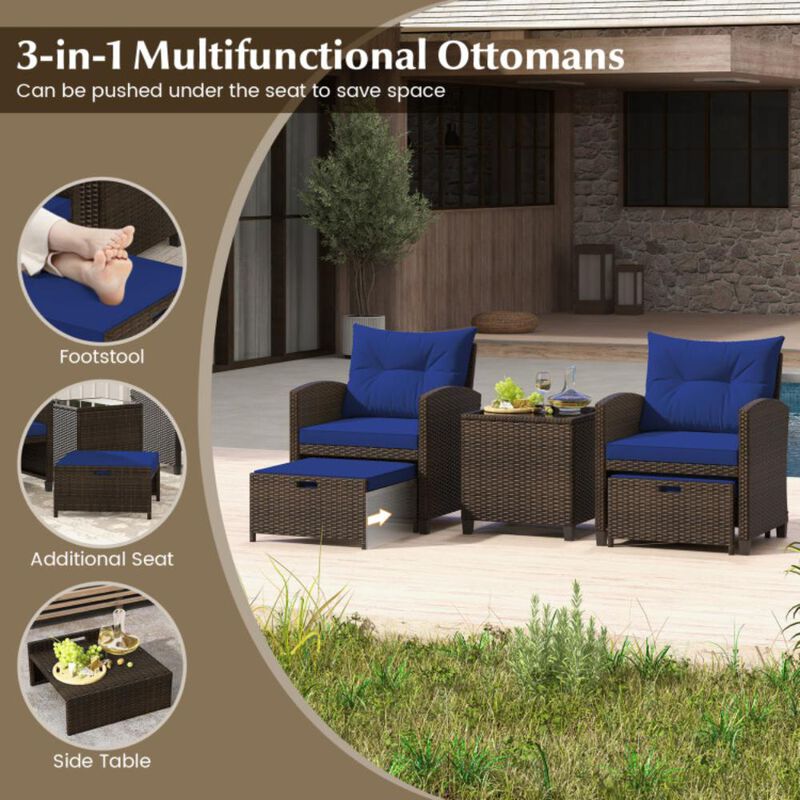 Hivvago 5 Pieces Patio Rattan Furniture with 2 Ottomans and Tempered Glass Coffee Table