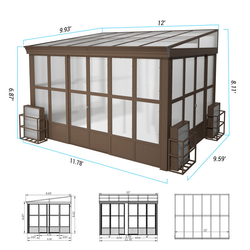 MONDAWE 10x12FT Lean to Sunroom Wall Mounted Solarium with Sloping Polycarbonate Roof, Detachable Screens and 2 Lockable Sliding Doors