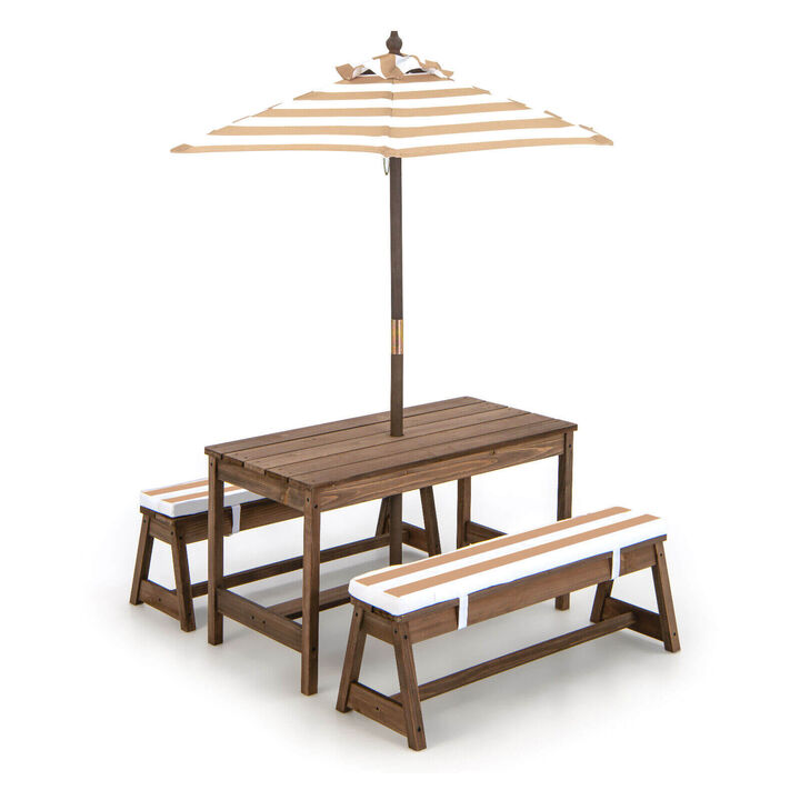 Kids Picnic Table and Bench Set with Cushions and Height Adjustable Umbrella