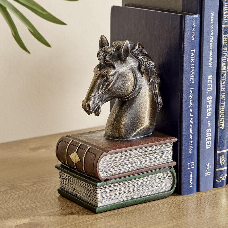 Danya B. Horses on Books Polyresin Antique Patina Finish Bookend Set of 2