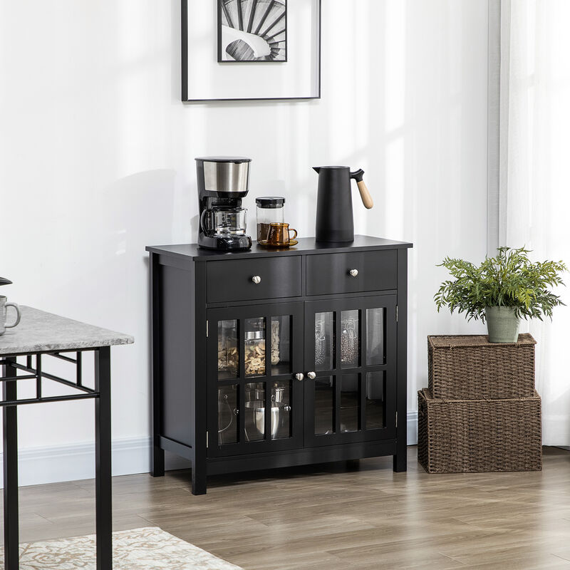 HOMCOM Sideboard Buffet Cabinet, Kitchen Cabinet with 2 Drawers and Glass Doors, Accent Cabinet for Living Room, Black