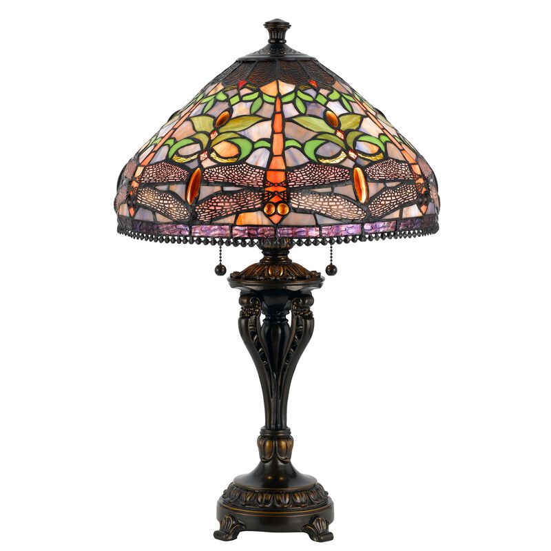 Tiffany Table Lamp with Metal Body and Dragonfly Design Shade, Multicolor-Benzara