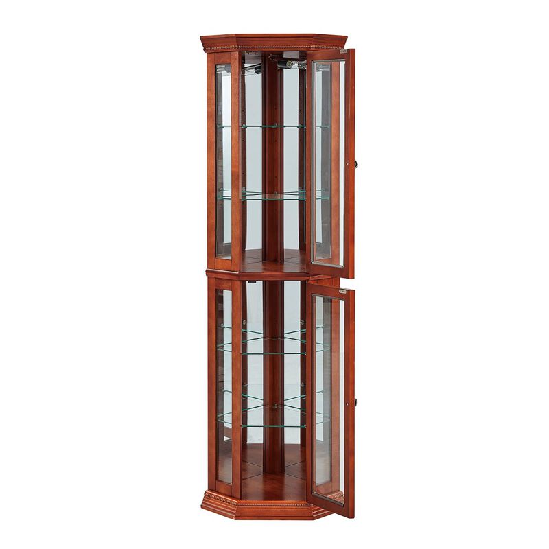 Corner Curio Cabinet with Lights, Adjustable Tempered Glass Shelves, Mirrored Back, Display Cabinet,Walnut (E26 light bulb not included)