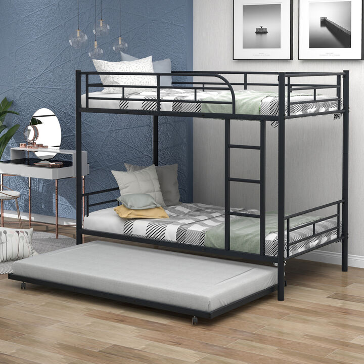 Twin-Over-Twin Metal Bunk Bed With Trundle, Can Be Divided Into Two Beds, No Box Spring Needed