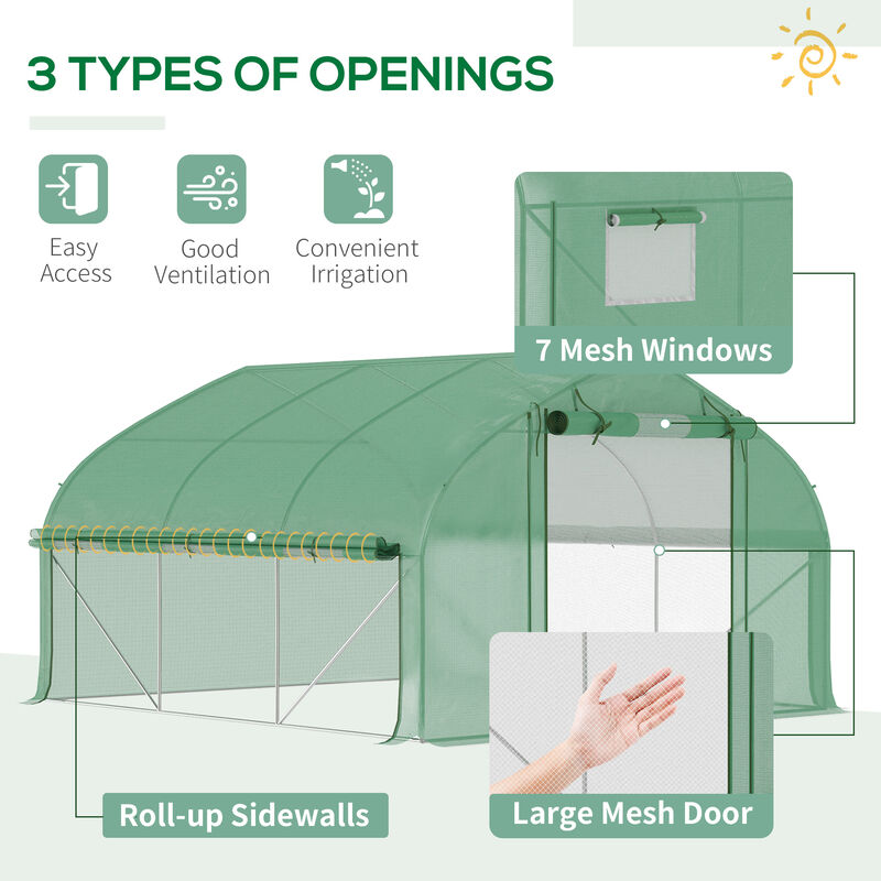 Outsunny 11.5' x 10' x 6.5' Walk-in Tunnel Greenhouse with Zippered Mesh Door, 7 Mesh Windows & Roll-up Sidewalls, Upgraded Gardening Plant Hot House with Galvanized Steel Hoops, Green