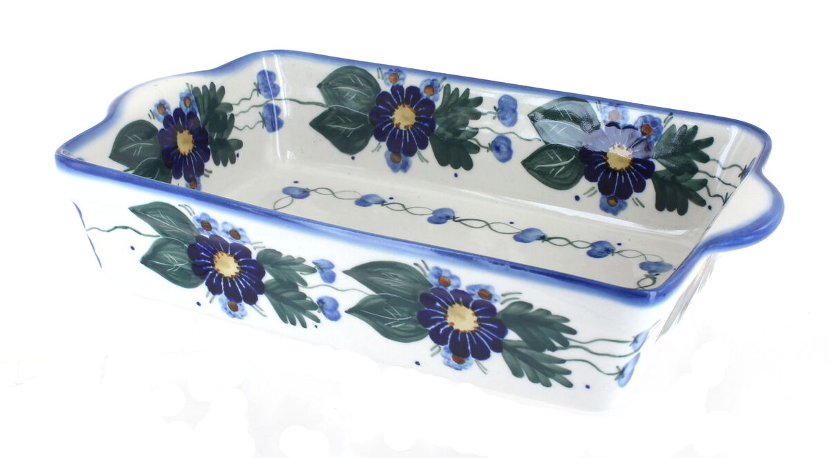 Blue Rose Polish Pottery Forget Me Not Loaf Baker with Handles